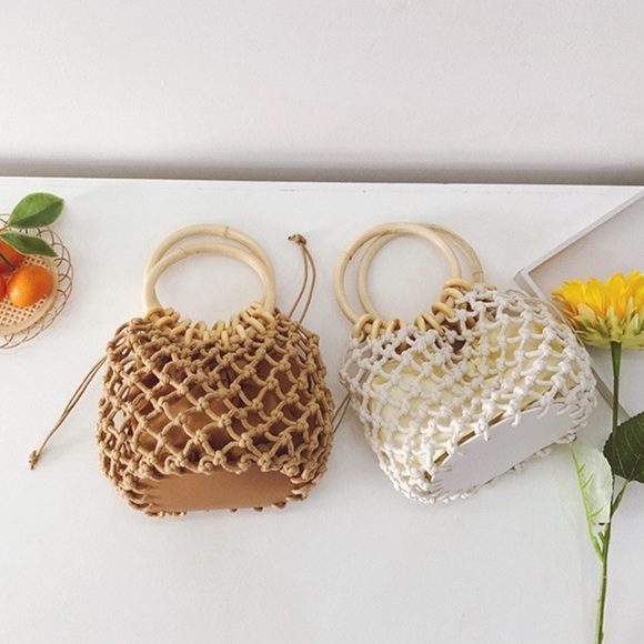 Wooden Ring Net Bag Lined Woven Beach Bag - Picture 2 of 12